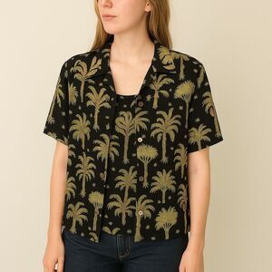 Ann May 100% Silk Palm Tree Print Blouse & Tank Set Black Beige Size L